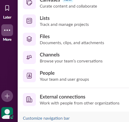 Slack workspace left side menu