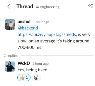 Screenshot of a Slack thread in the #engineering channel. The initial message posted 1 hour ago by anshul reads '@backend https://api.zivy.app/tags/feeds, is very slow, on an average it's taking around 700-800 ms' with '2 replies' indicated below. In the thread, WckD responds 1 hour ago with 'Yes, being fixed.' Their message has one thumbs up emoji reaction and a refresh.