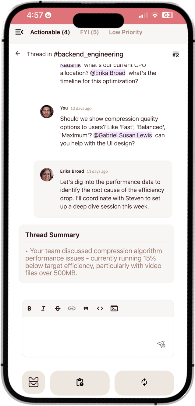 Zivy mobile app showing a categorized Slack thread from #backend_engineering with an AI-generated summary about compression algorithm performance issues.